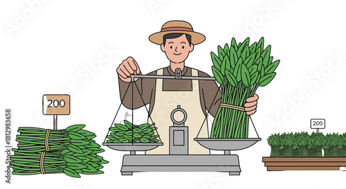 Farmer Weighing Green Leafy Vegetables On Scale At Farm Stand For Sale