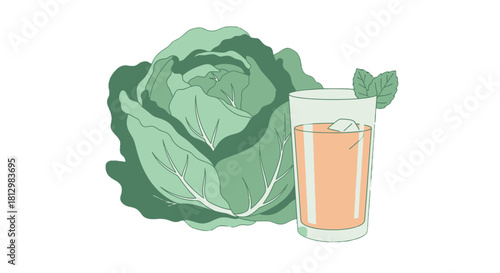 Fresh Cabbage and Refreshing Beverage Illustration Against a Dark Background