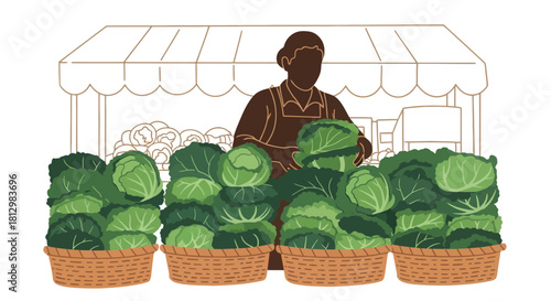 Fresh Cabage Market Stall With Vendor Offering Healthy Green Vegetables for Sale