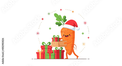 Festive Carrot Delivering Presents with Cute Animation on Complete Black Background