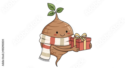Festive Cartoon Root Vegetable Presenting a Decorative Gift Box With Joy