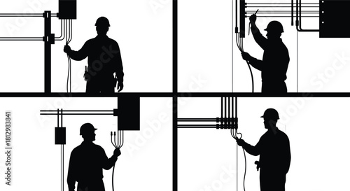 Silhouette electricians working on wiring installation and electrical panels in industrial building interior, professional construction maintenance service, 