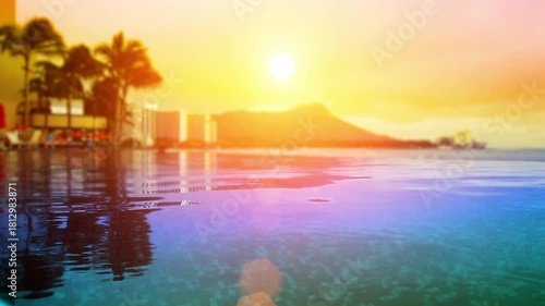 Waikiki Sunset with Diamond Head Reflection in Resort Pool 4K Loop