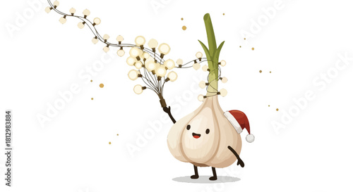 Festive Garlic Character Celebrating With Lights And A Santa Hat On Black Background