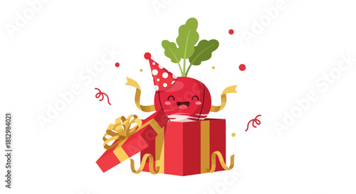Festive Vegetable Present Surprise: Happy Radish Character Reveals The Gift