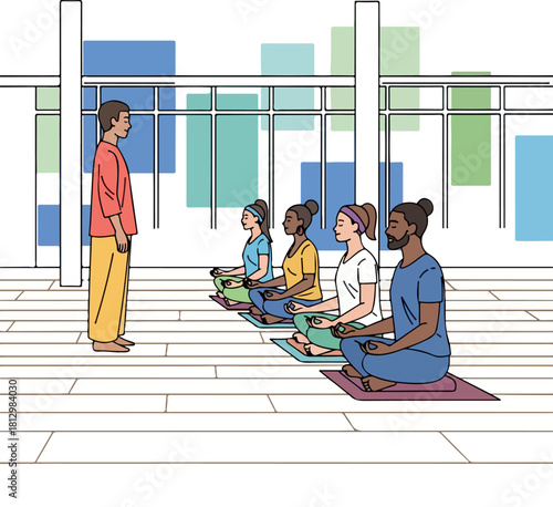 A serene 2D vector illustration of a meditation class in session with a diverse group sitting cross-legged on mats and one instructor standing, conveying a peaceful state of mind in a