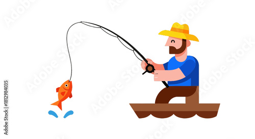 Fisherman Attempts Fishing with a Jumping Fish on a Dark Background Vector Illustration