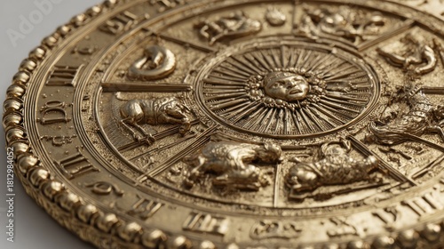 Intricate Gold Zodiacal Medallion with Symbolic Celestial Engravings Depicted