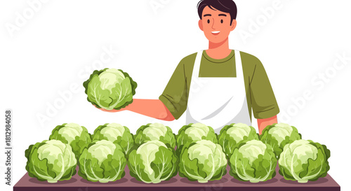 Fresh Cabbage Vendor Presenting Produce with Pride and Ready to Offer Sales