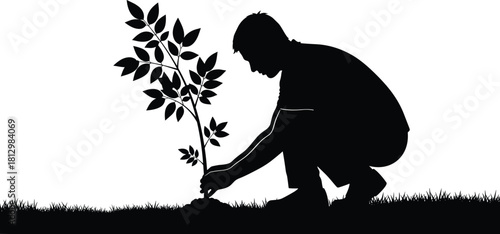Silhouette illustration of a person planting a young tree, promoting environmental care, sustainability, nature conservation, outdoor gardening, green lifestyle, eco-friendly community values