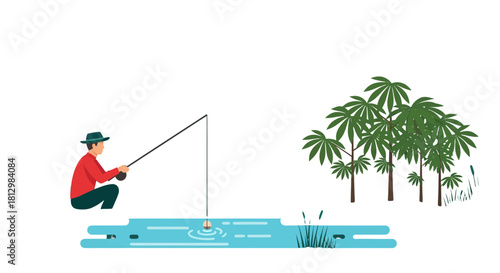 Fisherman Joyfully Fishing Near Trees Amidst Calm Waters with Black Background