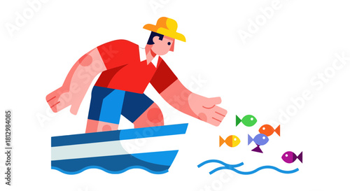 Fisherman Releasing Fish Into The Ocean Waters With Vibrant Colors and Simplified Design