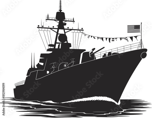 Silhouette illustration of a navy warship with flag sailing on ocean waves, military vessel vector design representing maritime defense and naval power
