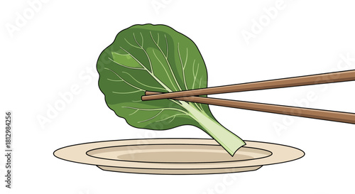 Fresh Green Leaf Placed with The Aid of Chopsticks and Ready to Serve on a Dish