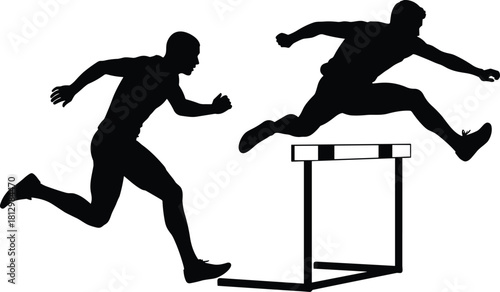 Silhouette illustration of athletes sprinting and jumping over a hurdle in a dynamic track and field competition scene, representing speed, strength, determination, and athletic performance