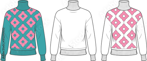 Technical flat sketch drawing of turtleneck sweater with geometric pattern and blank version, women's knitwear garment CAD vector illustration.