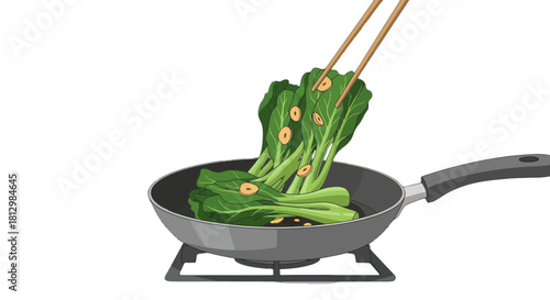 Fresh Greens Being Cooked In a Pan, Animated Illustration on a Black Background