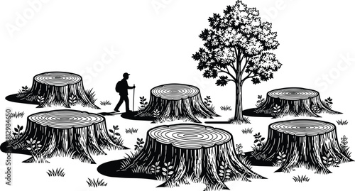 Silhouette illustration of deforestation landscape with large tree stumps, lone surviving tree, walking hiker, environmental destruction scene, climate awareness concept, detailed black vector art