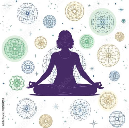 A purple silhouette of a woman meditating in lotus position surrounded by colorful 2D vector mandalas and stars in a peaceful setting.
