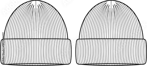 Technical flat sketch drawing of two ribbed knit slouchy beanie hats with large fold-over cuff and vertical stitching detail vector illustration.
