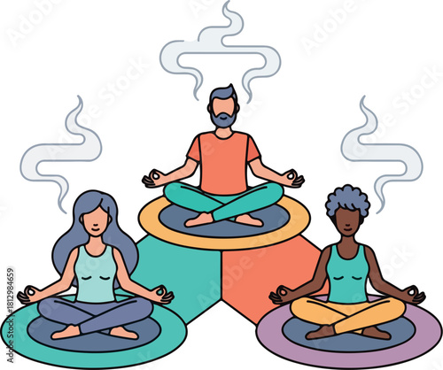 2D vector illustration of three diverse people meditating in a serene setting with a pastel color palette and minimalist composition.