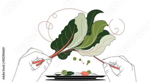 Fresh Greens Presentation On A Plate, Minimalist Illustration For Healthy Meal