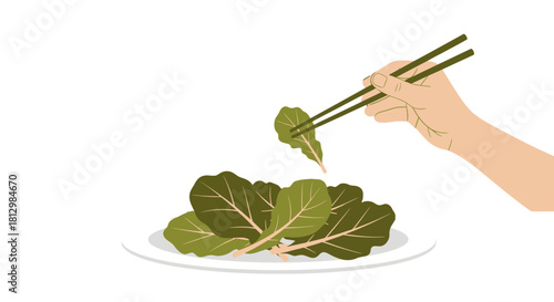 Fresh Greens Placed On Plate With Chopsticks Against a Stark Black Background