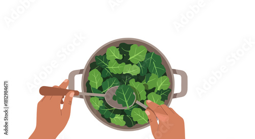 Fresh Greens Prepared In A Pot, Ready For A Healthy, Delicious, And Nutritious Meal