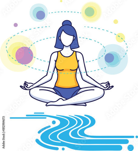 A serene 2D vector illustration of a woman meditating in a lotus position with a peaceful and calming atmosphere, surrounded by colorful orbs and gentle blue waves.