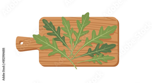 Fresh Arugula Leaves Arranged On Wooden Cutting Board Isolated On Black Background