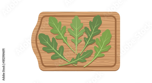 Fresh Arugula Leaves Artistically Placed on Wooden Cutting Board, Culinary Concept