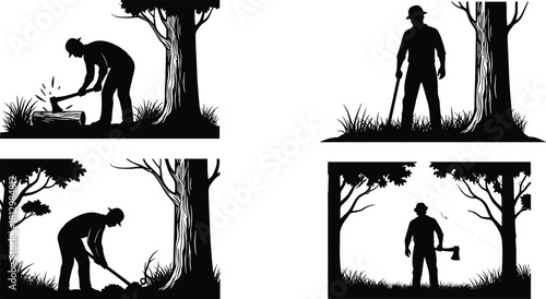 Silhouette illustration of lumberjacks cutting trees with axes and tools in forest environment, depicting woodcutting, logging activities, outdoor labor, forestry work scene, vector graphic design