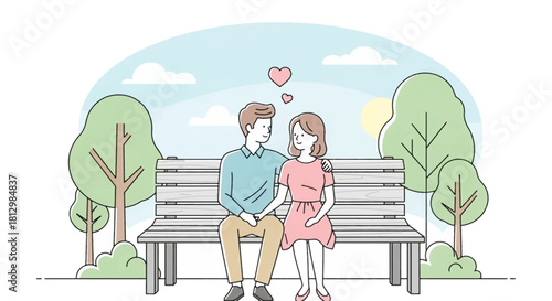 Cute couple sitting on a park bench in a sweet moment. Romantic park scene with lovers enjoying quiet time. Adorable couple sharing a tender moment outdoors