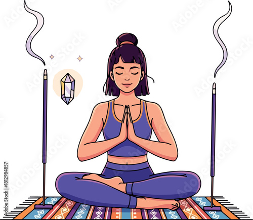 A serene 2D vector illustration of a woman in meditation pose surrounded by candles and a crystal for relaxation and inner peace.