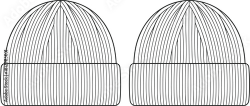 Technical flat sketch of two knit beanie hats CAD drawing, front view, showing rib-knit texture and fold-up cuff vector illustration for design.