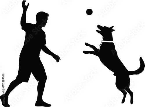 Silhouette illustration of man playing fetch with energetic jumping dog catching ball, outdoor pet activity scene, active lifestyle, playful animal interaction vector artwork