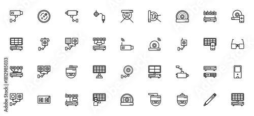 CCTV security icon set. Vector surveillance symbols ack. Includes spy camera, ome, DVR, monitor, infrare, wireless, security syste and more.