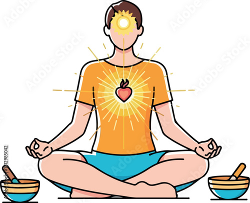 A 2D vector illustration of a person meditating in a serene setting with singing bowls, conveying a peaceful state of mind with warm colors.