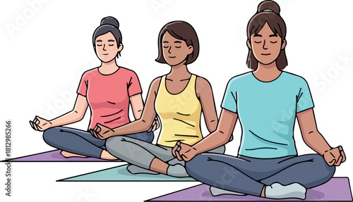 Illustration of three women in a meditative 2d vector state, sitting in lotus position on colorful mats in a serene and peaceful environment, promoting relaxation and mindfulness.