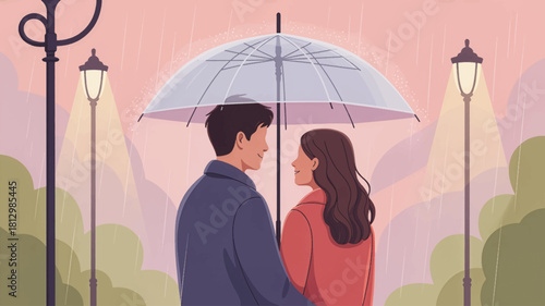 Romantic couple under umbrella in soft rainy evening. Cozy lovers sharing an umbrella during gentle rain. Tender rainy moment as couple gazes at each other