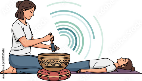 A woman performs a 2D vector meditation session using a Tibetan singing bowl on another woman lying down, creating a peaceful atmosphere with blue sound waves in the background.