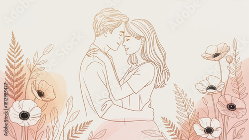 Soft line art couple surrounded by floral tones. Romantic minimal illustration with gentle florals. Tender embrace drawn in soft botanical style