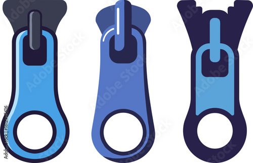 Three blue zipper pulls isolated on a transparent background showcasing different styles and designs for use in design or fashion projects with clean lines and modern look