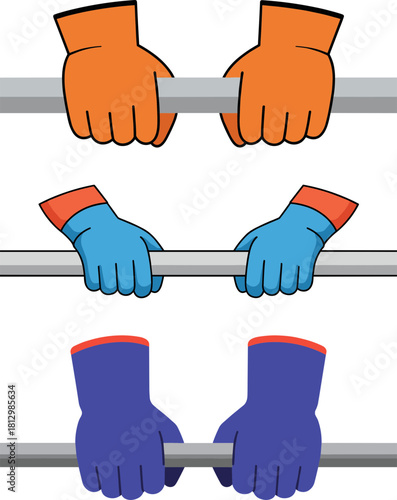 Three pairs of colorful gloves holding metal bars, isolated on a transparent background, representing teamwork and collaboration in various tasks and activities.