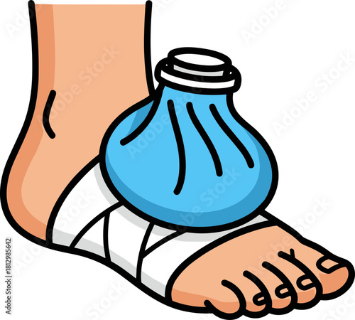 Foot injury with a cold compress bottle on a bandaged foot wrapped in white cloth, isolated on a transparent background, emphasizing care and healing for ankle injuries.