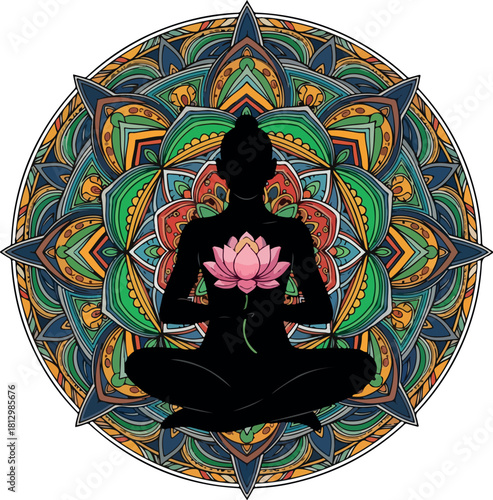 A black silhouette of a person meditating in lotus position with a pink lotus flower on their back, surrounded by a vibrant 2D vector mandala, exuding a sense of calm and serenity.