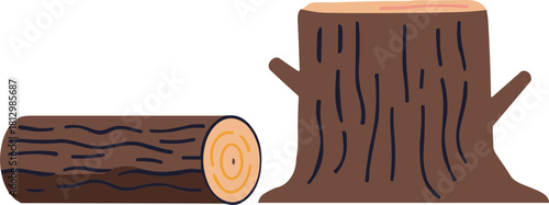 Wood log and tree stump illustration on a transparent background with detailed texture, showing the natural beauty of timber in a simplistic design style