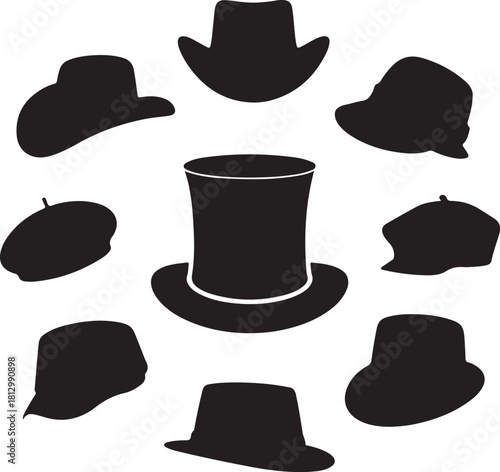 Assorted hat styles encircle a prominent top hat in stark black silhouette, transparent background