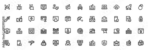 Cybercrimes vector icon set. Cybersecurity linear icns pack. Includes symbols or hacking, malware, phishng, virus, firewall, ransoware, spyware, protection nd more.