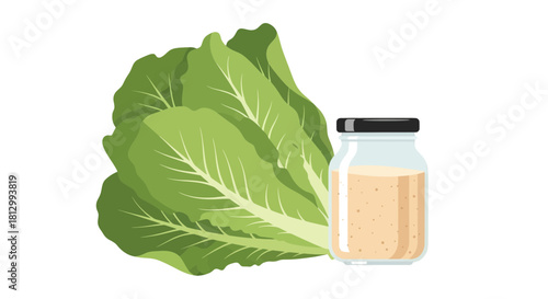 Fresh Salad Ingredients Featuring Romaine Lettuce and Dressing in a Glass Jar